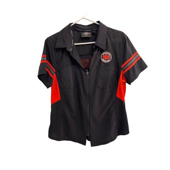 Black & Orange  Harley Davidson Patch Zipper Perforated Collared Zip Up Shirt L - Picture 2 of 9